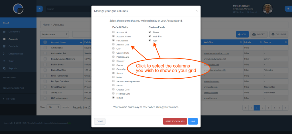 custom fields select column